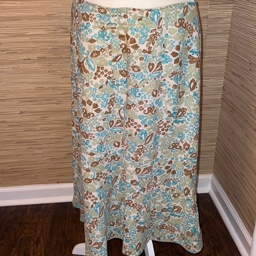 Christopher & Bsnks green, brown & teal linen blend skirt size 12 EUC!
